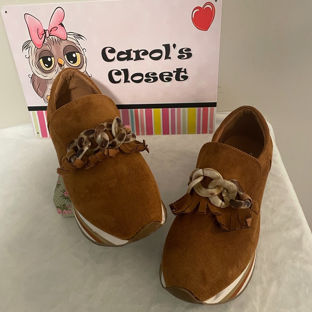 Womens Suede Slip-On Shoes with Tortoiseshell Chain Detail - Brown